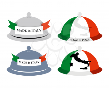 Set kitchen Cloche Italian. Cover for hot dishes with map of Italy. Accessory of Italian cooks. Subject of tableware. Iron cover and plate for eating.
