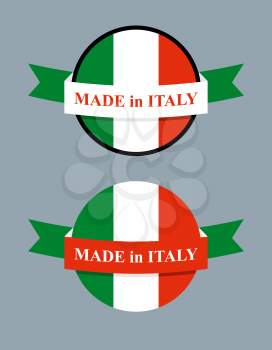 Made in Italy product logo. Map of Italy and Ribbon with colors of Italian flag. Label template for production.
