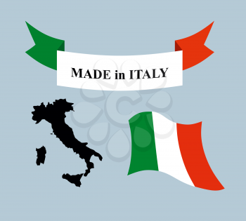 Set template for Italy. Map of Italy. Ribbon made in Italy. Logo for Italian production. Evolving flag of Italian State.
