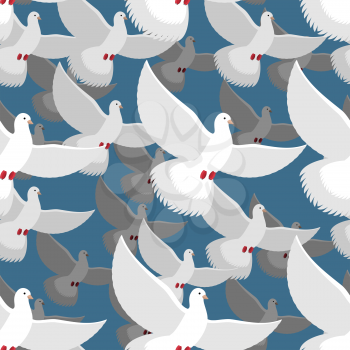 White Dove seamless pattern. flock of white doves in blue sky. Ttexture of flying bird. White Pigeon peace symbol. Ornament of  flying pigeon waving wings. lot of birds.
