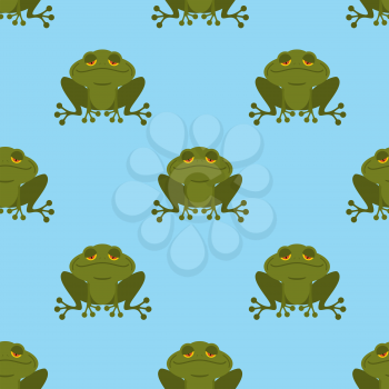 Frog in water seamless pattern. Blue Lake and Green Toad. Texture for childrens fabric. Amphibious reptile background
