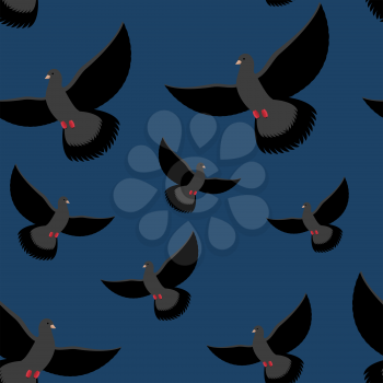 Black Dove seamless pattern. Gray pigeons fly at night. Background of flying birds. Winged night pigeons fly in dark.

