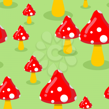Amanita on meadow in forest seamless pattern. Red mushroom texture. Ornament of cute mushrooms.
