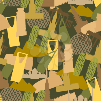 Military camouflage Landmark buildings. Attractions of army clothing texture. Protective seamless pattern.