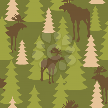 Army pattern of deer and forest. Military camouflage texture Vector Moose and trees. Hunter protective seamless pattern.