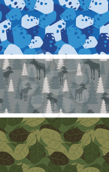 Military set of textures. Winter blue Camo made of cheese. Grey Camouflage army seamless Moose and trees. Soldier's seamless background from leaves.