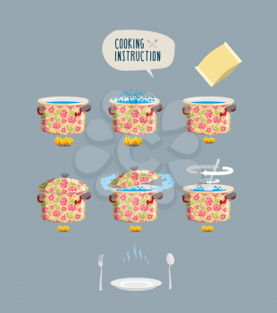 Instruction cooking vector illustration. Set pots infographics