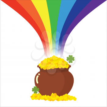 Pot of gold and Rainbow. Magical leprechaun treasure. Clover and gold coins. Illustration of   feast of St. Patrick in Ireland