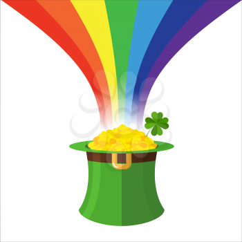 Leprechaun hat and Rainbow. Gold in Green Hat cylinder. Mythical treasures of evil dwarf. Illustration for feast of St. Patrick in Ireland
