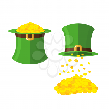 Hat and gold leprechaun set. Gold coins in hat top hat. Magical wealth poured from  Green dwarf hats. illustration for feast of St. Patrick in Ireland
