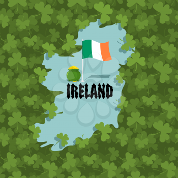 Map of Ireland and Shamrock. Many of clover in Ireland. Irish flag and gold  leprechaun. Ancient Celtic font. illustration for feast of St. Patrick in Ireland
