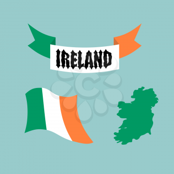 Set template for Ireland. Map of Ireland. Ribbon with Celtic Gothic font. Evolving state of Irish flag
