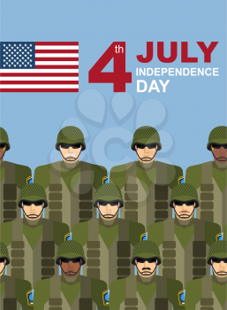 4th july. American independence day. Soldiers with military camouflage uniform in army formation. Vector greeting card congratulations