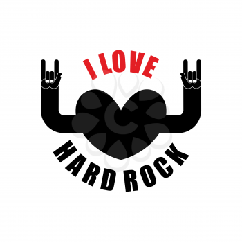I love hard rock. Hearts with hands raised up. Rock hand sign symbol of rock music. Emblem t-shirt rock musician. Logo for rock fans.