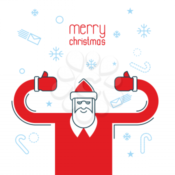 Santa Claus shows thumb up. Merry Christmas design flat line style.

