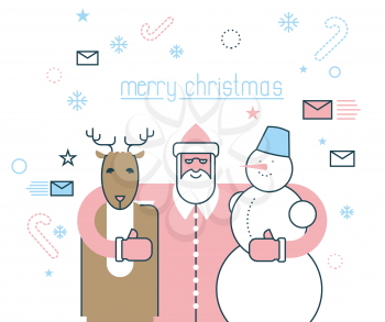 Merry Christmas. Santa Claus and his friends. Deer Rudolph and snowman. Flat line style. Concept design of new year.
