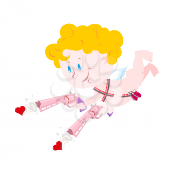 Cupid and Love gun. Magnum for hearts. Cartridge belt charged bullets-hearts. Love bomb. Cute Angel on hunt. Character for Valentines day. Cupid on white background. Weapon for love.
