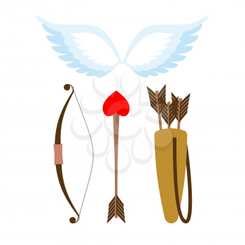 Cupid weapons set . Bow and arrow with heart. Quiver with arrows. Angel wings. Cupids wings.
