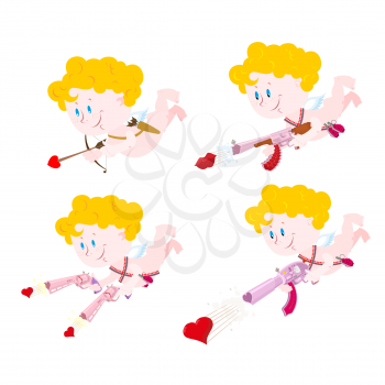 Cupid set. Cupid with bow and arrow of love. Love gun. Automatic pistol for hunting on 14 February. Funny cute Angel. Little Holy child with wings.
