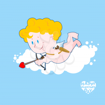 Cupid on cloud. Little angel in clouds with bow and arrow. Quiver and arrows. Sweet Valentine. Cupid with small arms. Character for romantic holiday world. Valentines Day February 14
