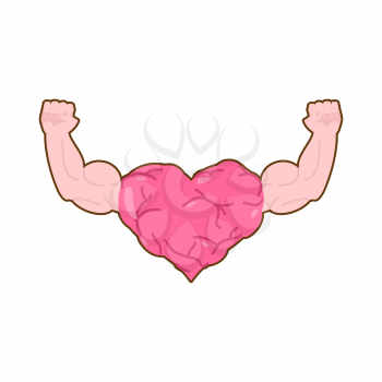 Heart strong with powerful hands. Pink heart-bodybuilder with huge muscles. Vector illustration of a healthy organ.
