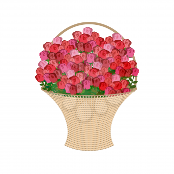 Basket of flowers on a white background. Large basket of red roses. Vector illustration
