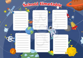 School timetable with space design. Lesson plans all week. Planets and rockets, astronauts and UFO.