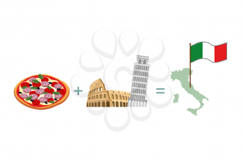 Pizza and Italian characters attractions. Map and flag of Italy

