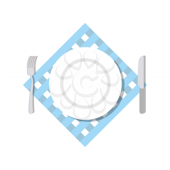 Cutlery top view. Blank White Plate, fork and knife lying on a napkin. On a white background. Vector illustration
