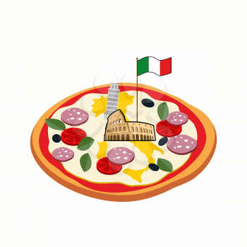 Italian pizza. Cheese in form of a silhouette map of Italy with Colosseum and  flag.
