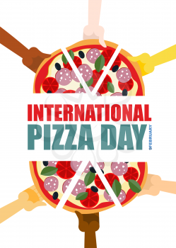 International pizza day. Hand hold pieces of pizza. Vector illustration
