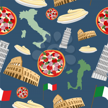 Italian seamless pattern. Vector Background of the symbols of Italy: pizza and pasta, Colosseum and leaning tower of Pisa. Map and country flag.