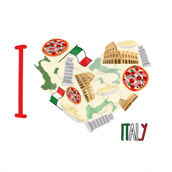 I love Italy. Symbol heart of   attractions of Italy: pizza and pasta, Colosseum and leaning tower of Pisa. Vector illustration