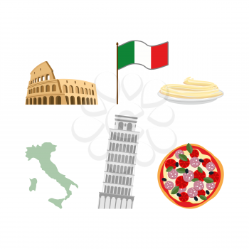 Set icons symbols of Italy. Flag and map,  Colosseum and  leaning tower, pizza and pasta.
