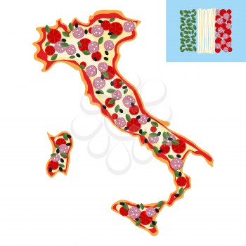Pizza in shape of a map of Italy. Ingredients: sausage, cheese and tomatoes. Italian flag Country from tomatoes and pasta.
