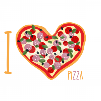 I love pizza. Heart symbol in form of pizza. Vector Italian national food.