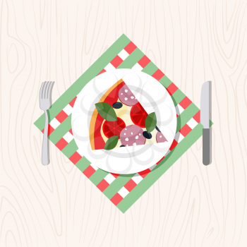 Top view of a slice of pizza on a plate. Cutlery: knife and fork. Vector illustration food
