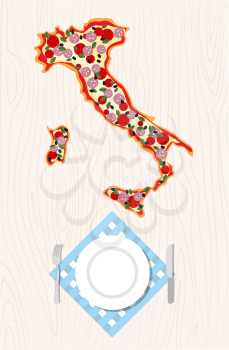 Top view of Italian pizza in shape of a map of Italy on a wooden table. Cutlery and napkin.
