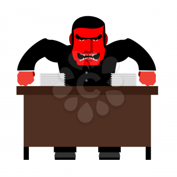 Angry boss. Chief Red with anger at  table. Head of swears and shouts. Vector illustration.
