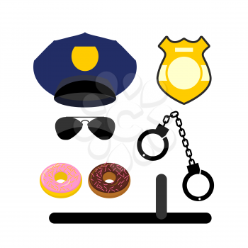 Police set icon. Police uniforms and handcuffs. Badge and nightstick. Glasses and donuts. Vector illustration.
