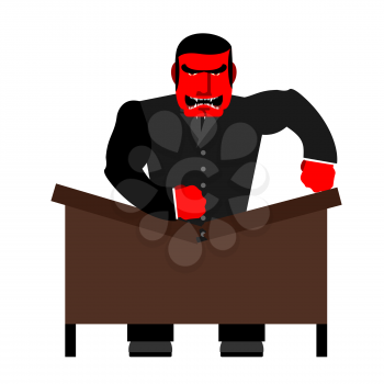 Big boss broke a table. Red  Businessman as loud in Office. Vector illustration of a man.

