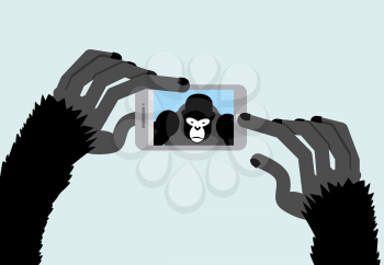 Selfie Monkey. Black Gorilla photographs. Animal and a Smartphone. Vector illustration
