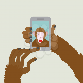 Monkey makes selfie. Animal clicks to your Smartphone with your fingers. African animal photographs themselves. Vector illustration.