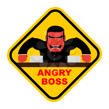 Danger angry boss. Aggressive head screams. Red businessman at table. Sticker for Cabinet Chief. Vector illustration.