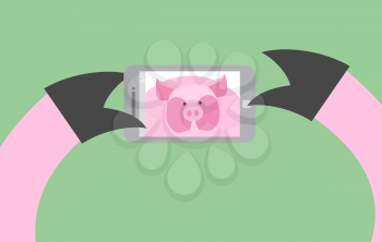 Selfie pig. Animal is photographed on phone. Smartphone in its paws. Vector illustration of a farm animal.

