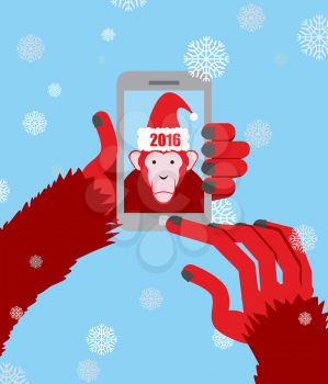 New year selfie. Monkey hooded Santa Claus makes a photo on a Smartphone. On a blue background with snowflakes. New year 2016. Vector illustration
