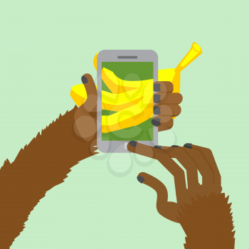 Monkey banana shoots. Posting to Internet a photo of  food. Animal clicks to your Smartphone with your fingers. Vector illustration.