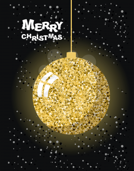 Merry Christmas. Gold Christmas tree toy ball and snow. Strict greeting card for new year. Luxury decoration for Christmas tree.