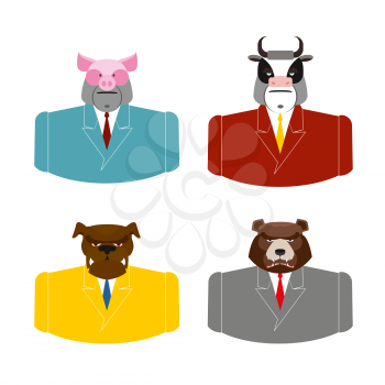 Set Animals businessmen. Farm animals in costume. Pig in business suit. Bull businessman. Bear in Office attire. Dog with tie.
