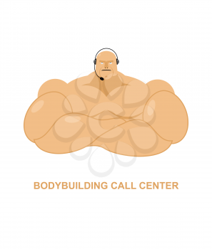 Bodybuilding call Center. Athlete with  headset Man with big muscles responds to phone calls. Customer feedback for athletes. Customer service support.

